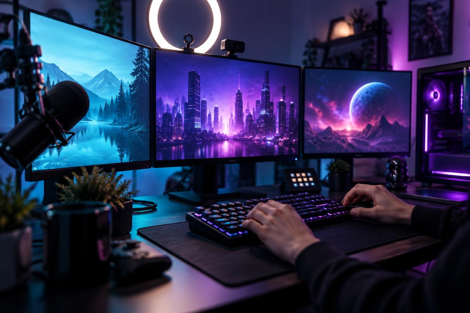 A streaming desk with several monitors, webcam and ring light