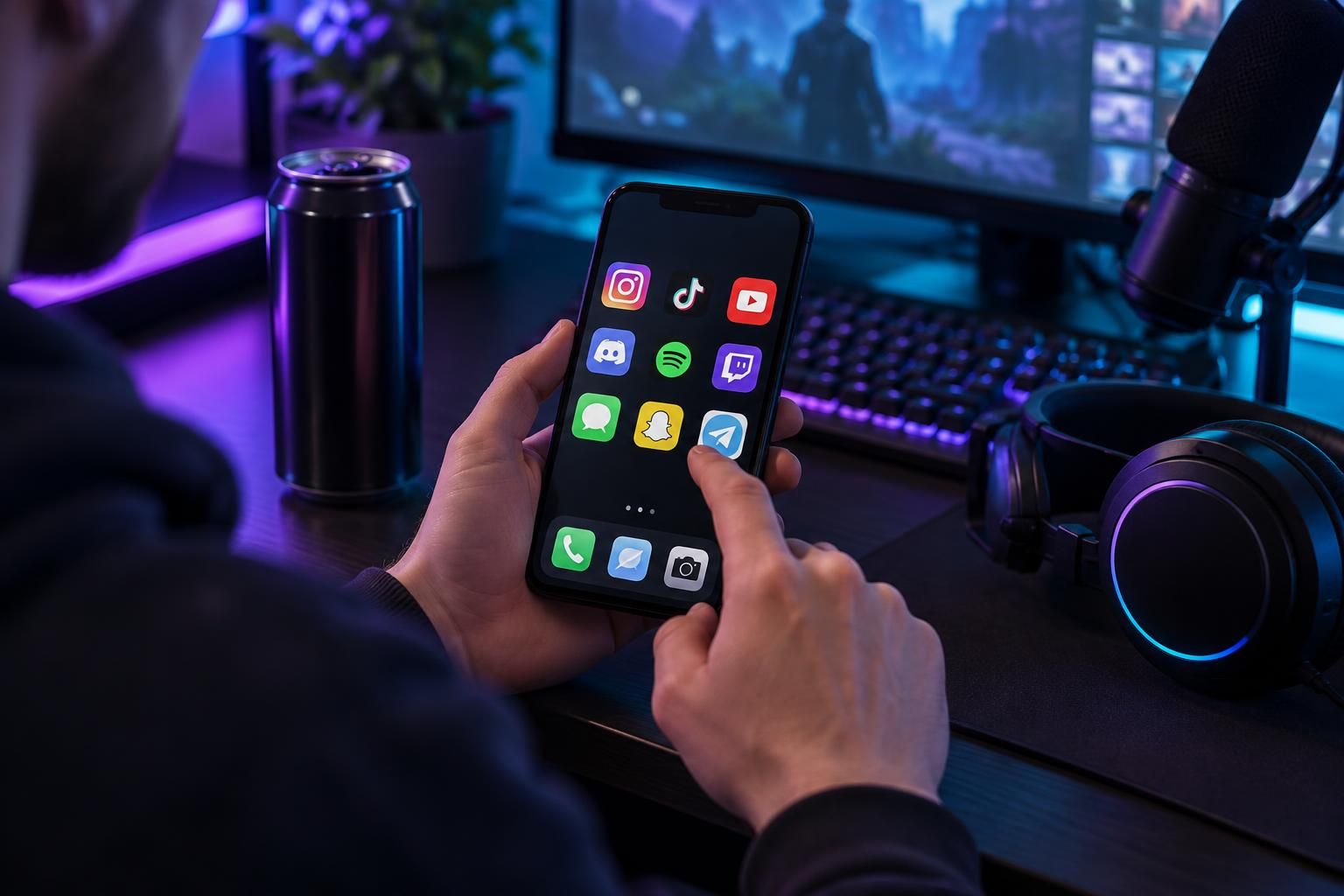 Hands holding a phone with social apps next to a gaming headset
