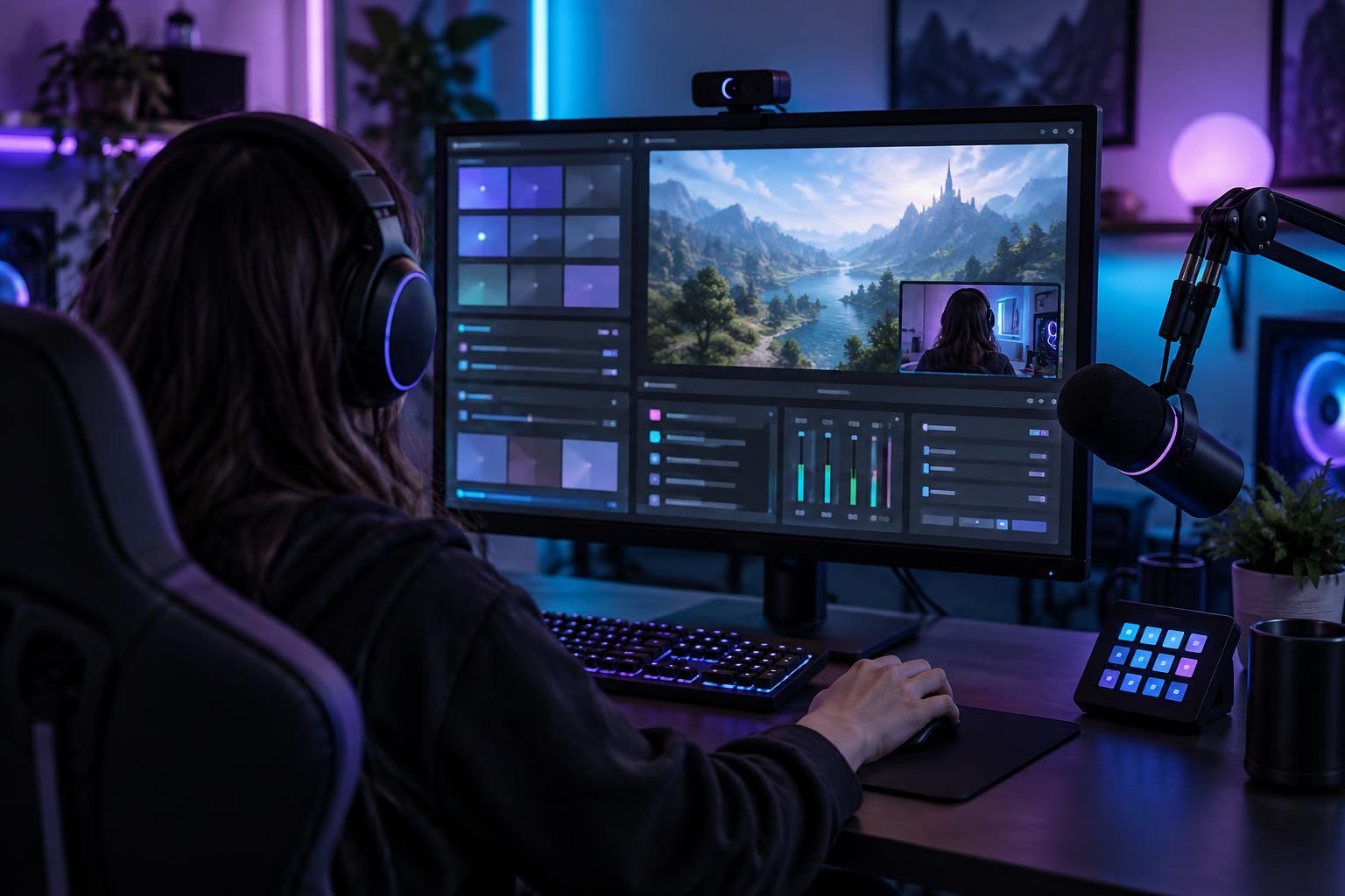 A streamer configuring streaming software on a large monitor