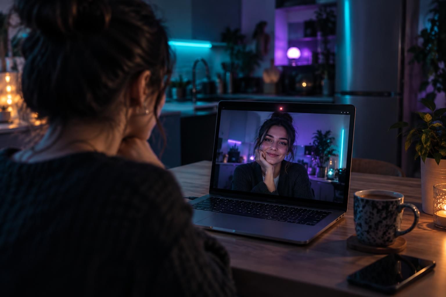A laptop on a kitchen table with a webcam preview and a live light