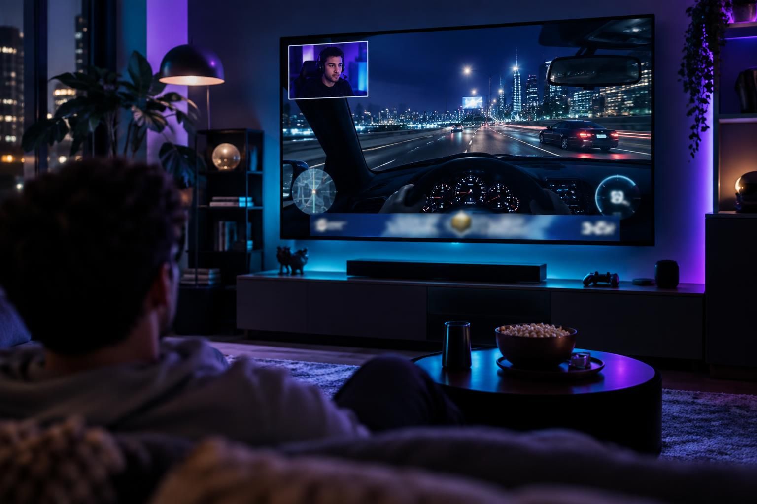 A living-room TV showing a game stream with a sponsor banner