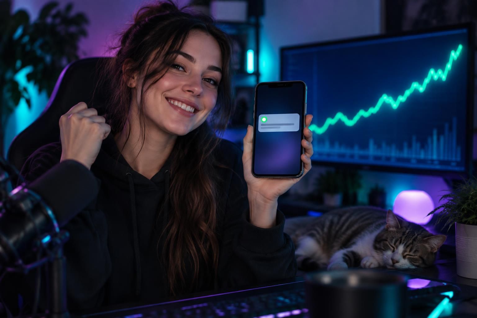 A streamer checking a phone notification with a rising chart behind