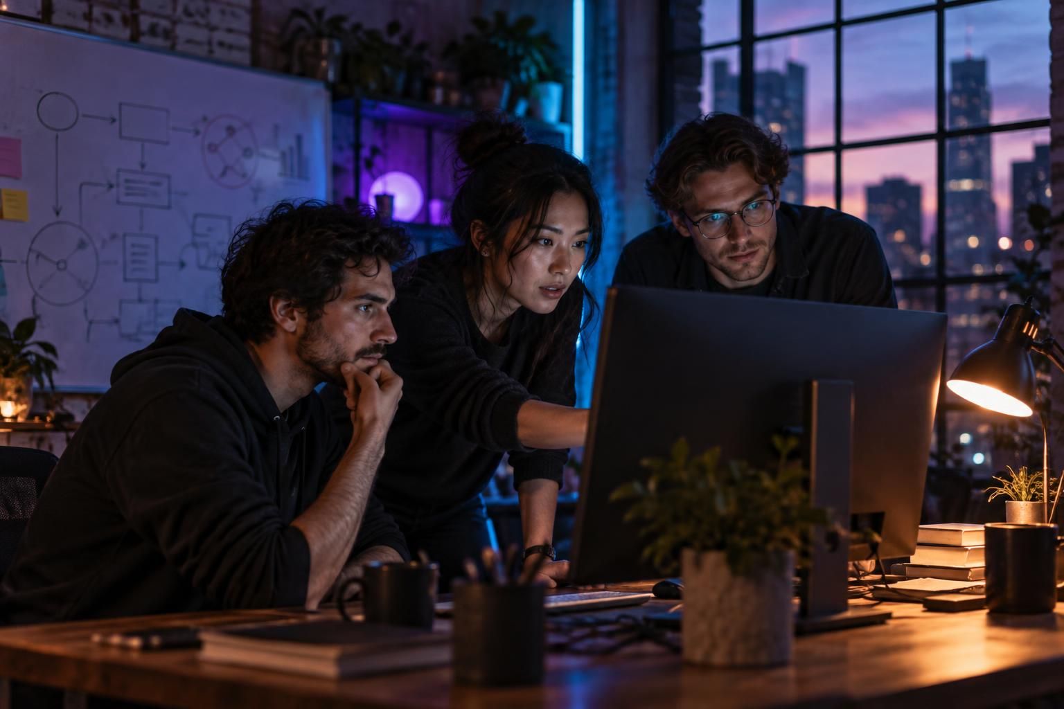 A small team collaborating around a monitor in a loft workshop at dusk