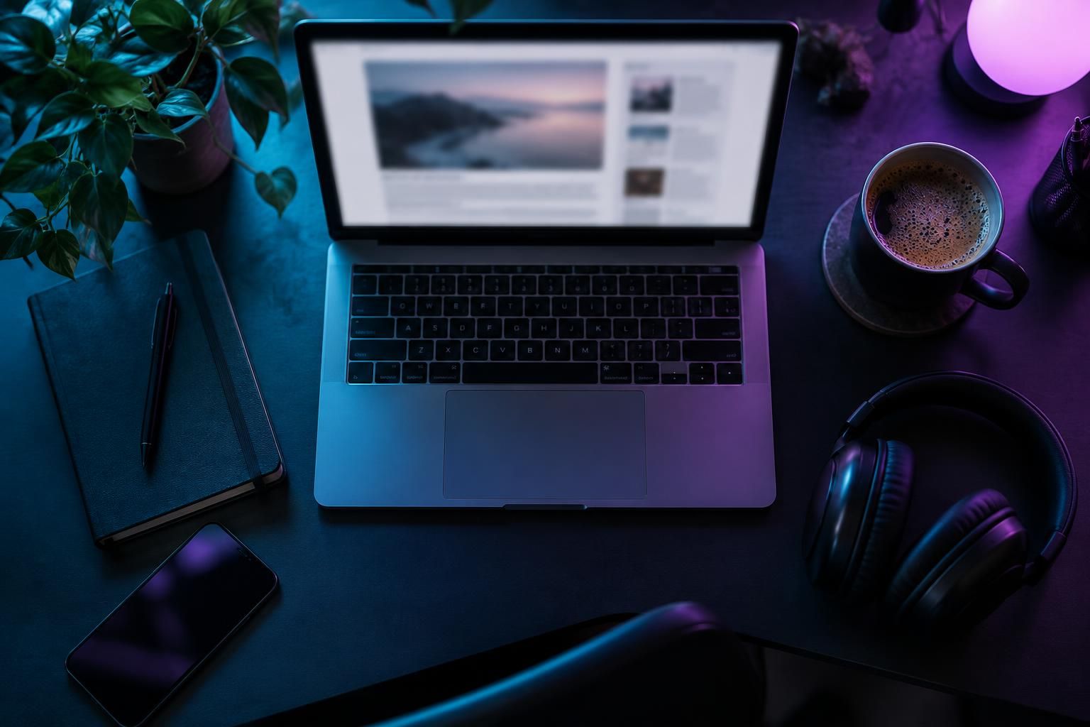 A creator's desk seen from above with a laptop, coffee, notebook and headphones