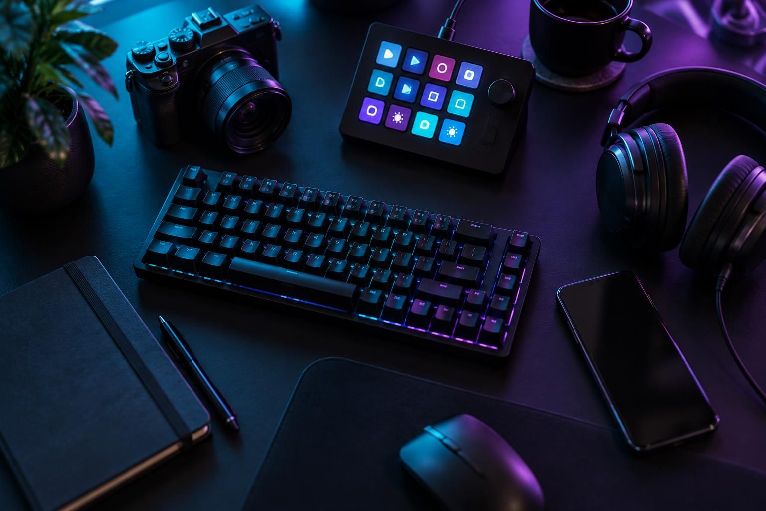A creator's control room laid out on a dark desk: keyboard, stream deck, phone, headphones and camera