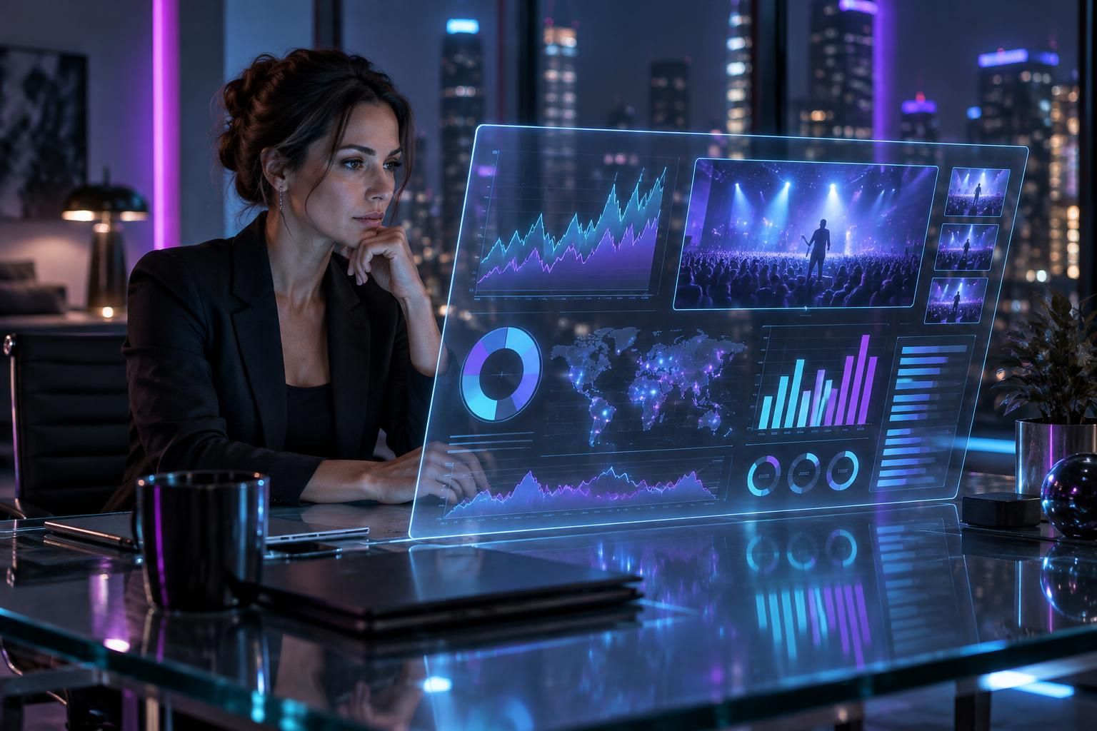 A marketing director reviewing a glowing dashboard with a live stream preview