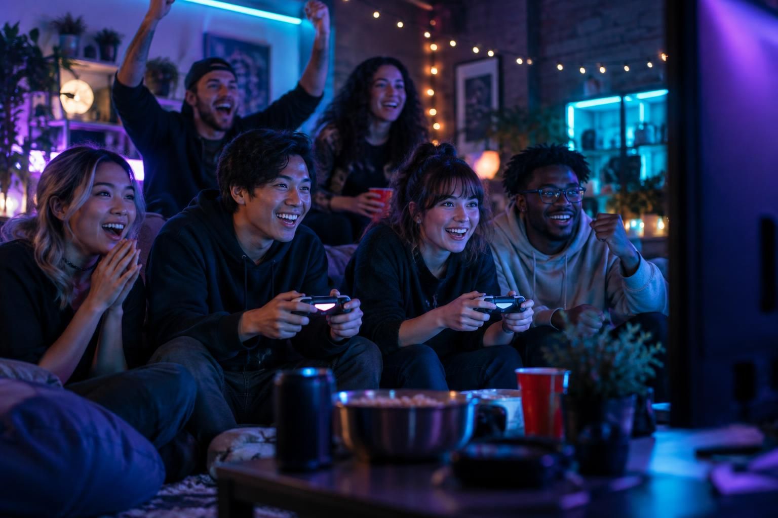 A group of gamers cheering around a big screen at a meetup