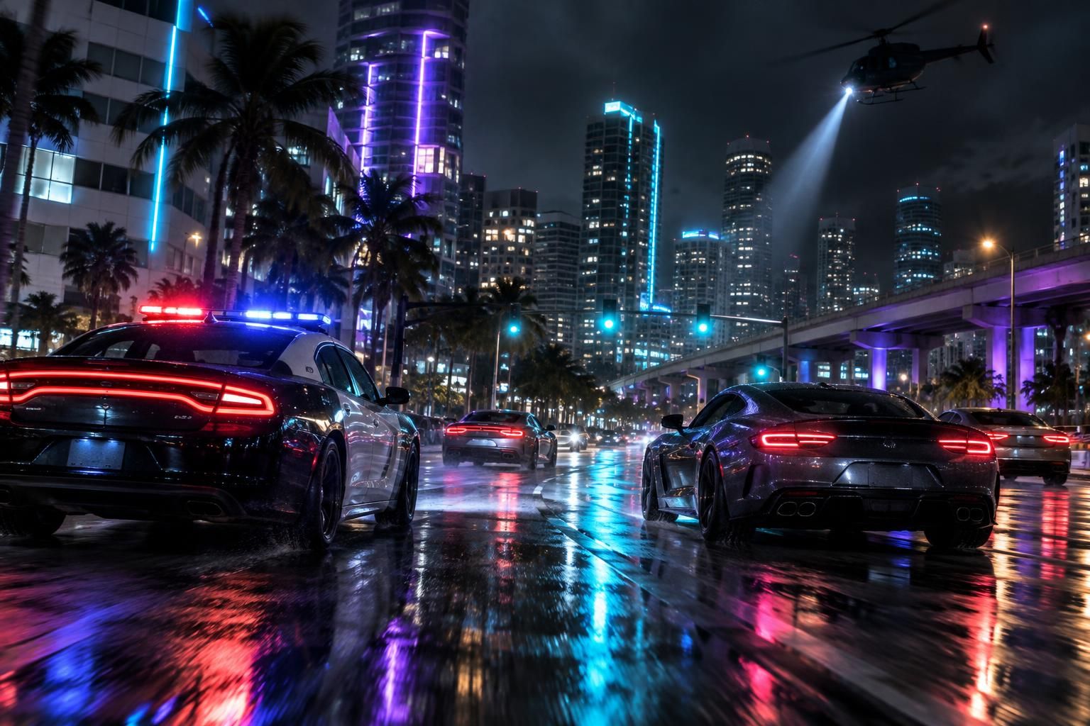 A neon-lit night city intersection in a photoreal open-world driving game