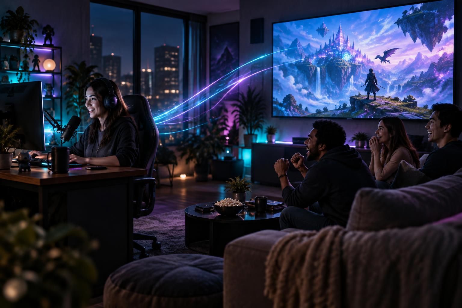 A creator studio at night: a streamer at a desk, a big screen with a game world and friends reacting